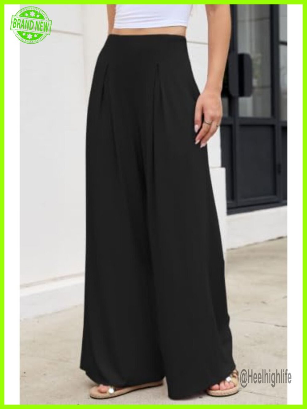 Womens Wide Leg Palazzo Pants Ribbed High Waist Pleated Trousers - Picture 2 of 6